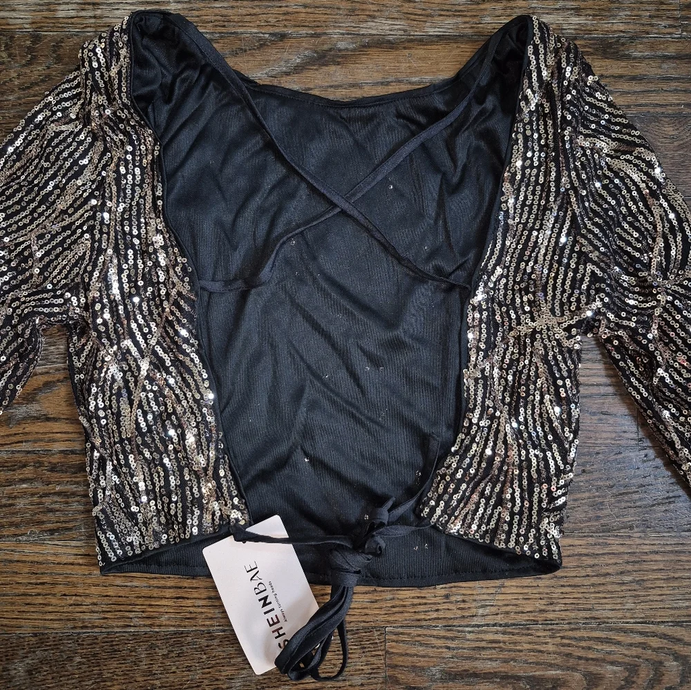 Shein Black/Gold Criss-Cross Open Back Crop